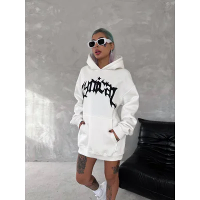 Unisex Üç İplik Kapşonlu Baskılı SweatShirt - Beyaz Unisex Üç İplik Kapşonlu Baskılı SweatShirt - Beyaz