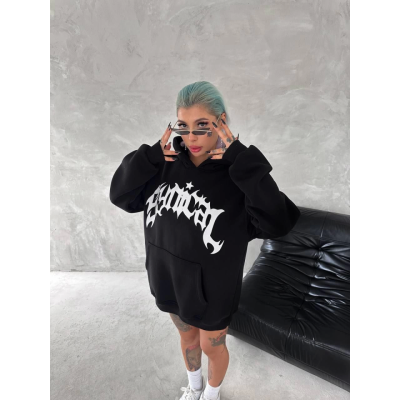 Unisex Üç İplik Kapşonlu Baskılı SweatShirt - Siyah Unisex Üç İplik Kapşonlu Baskılı SweatShirt - Siyah