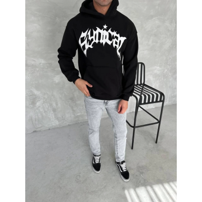 Unisex Üç İplik Kapşonlu Baskılı SweatShirt - Siyah