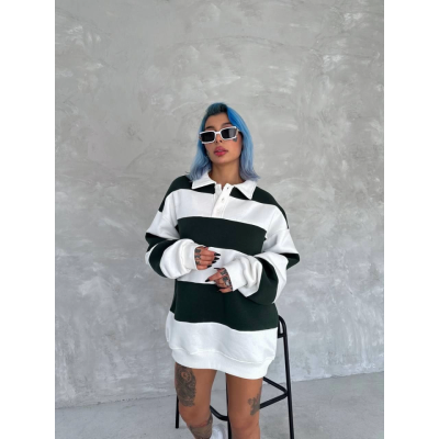 Unisex Üç İplik Parçalı Yakalı SweatShirt - Yeşil Unisex Üç İplik Parçalı Yakalı SweatShirt - Yeşil