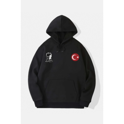 10 Kasıma Özel Üç İplik Kapşonlu Baskılı SweatShirt - Siyah