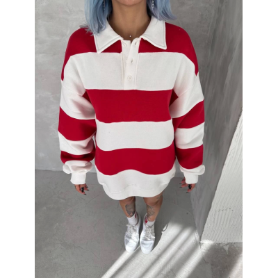 Unisex Üç İplik Parçalı Yakalı SweatShirt - Kırmızı Unisex Üç İplik Parçalı Yakalı SweatShirt - Kırmızı