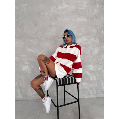 Unisex Üç İplik Parçalı Yakalı SweatShirt - Kırmızı Unisex Üç İplik Parçalı Yakalı SweatShirt - Kırmızı