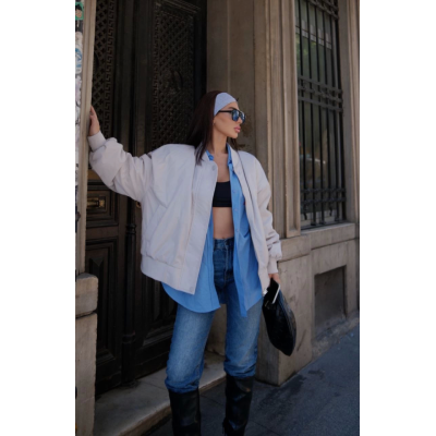 Cepli Bomber Ceket Mont - Beyaz Cepli Bomber Ceket Mont - Beyaz