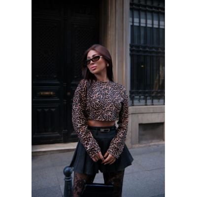 Leopar Desenli Uzun Kollu Crop - Leopar Leopar Desenli Uzun Kollu Crop - Leopar