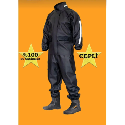 Unisex Tam Kalıp Motorcu Cepli Kurye Su Gecirmez Yağmurluk Takım - Siyah Unisex Tam Kalıp Motorcu Cepli Kurye Su Gecirmez Yağmurluk Takım - Siyah
