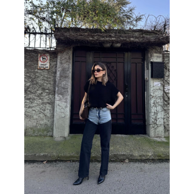 Jeans Kot Parçalı Palazzo Pantolon - Siyah Jeans Kot Parçalı Palazzo Pantolon - Siyah