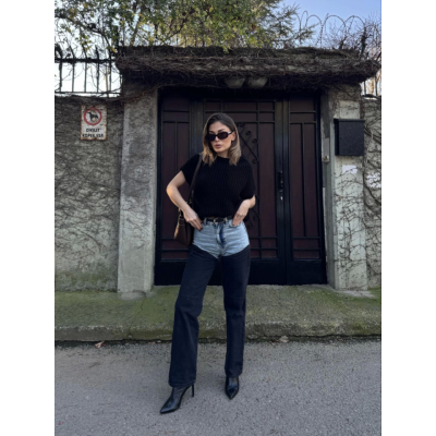 Jeans Kot Parçalı Palazzo Pantolon - Siyah Jeans Kot Parçalı Palazzo Pantolon - Siyah