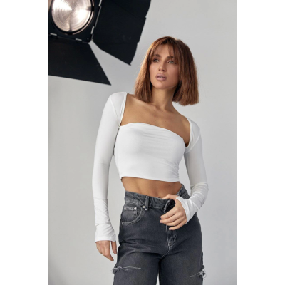 Kara Yaka Uzun Kollu Crop - Beyaz Kara Yaka Uzun Kollu Crop - Beyaz