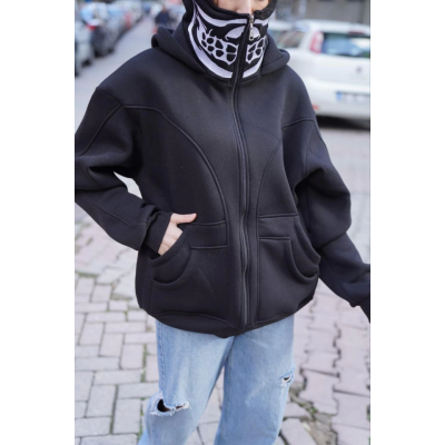 Samuray Kapşonlu ZIP Fermuarlı Çift Kapşonlu Nakışlı SweatShirt- Siyah Samuray Kapşonlu ZIP Fermuarlı Çift Kapşonlu Nakışlı SweatShirt- Siyah