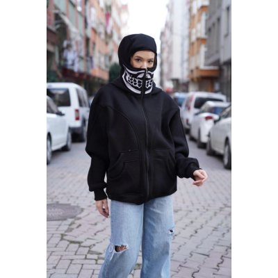 Samuray Kapşonlu ZIP Fermuarlı Çift Kapşonlu Nakışlı SweatShirt- Siyah Samuray Kapşonlu ZIP Fermuarlı Çift Kapşonlu Nakışlı SweatShirt- Siyah