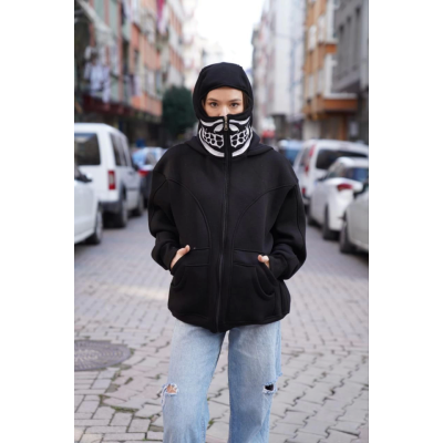 Samuray Kapşonlu ZIP Fermuarlı Çift Kapşonlu Nakışlı SweatShirt- Siyah Samuray Kapşonlu ZIP Fermuarlı Çift Kapşonlu Nakışlı SweatShirt- Siyah