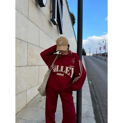 Üç İplik Yakalı Sweat Baggy Pantalonlu Takım - Bordo Üç İplik Yakalı Sweat Baggy Pantalonlu Takım - Bordo