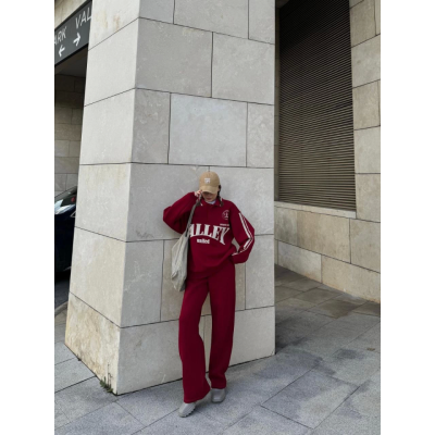 Üç İplik Yakalı Sweat Baggy Pantalonlu Takım - Bordo Üç İplik Yakalı Sweat Baggy Pantalonlu Takım - Bordo