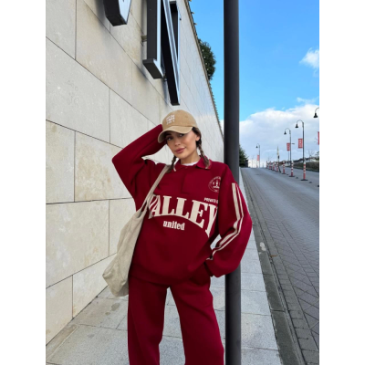 Üç İplik Yakalı Sweat Baggy Pantalonlu Takım - Bordo Üç İplik Yakalı Sweat Baggy Pantalonlu Takım - Bordo