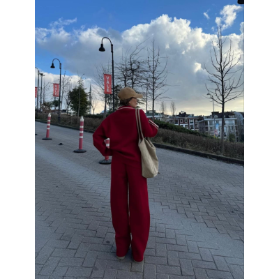 Üç İplik Yakalı Sweat Baggy Pantalonlu Takım - Bordo Üç İplik Yakalı Sweat Baggy Pantalonlu Takım - Bordo