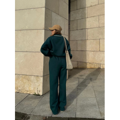 Üç İplik Yakalı Sweat Baggy Pantalonlu Takım - Yeşil Üç İplik Yakalı Sweat Baggy Pantalonlu Takım - Yeşil