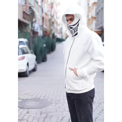 Samuray Kapşonlu ZIP Fermuarlı Çift Kapşonlu Nakışlı SweatShirt- Beyaz Samuray Kapşonlu ZIP Fermuarlı Çift Kapşonlu Nakışlı SweatShirt- Beyaz