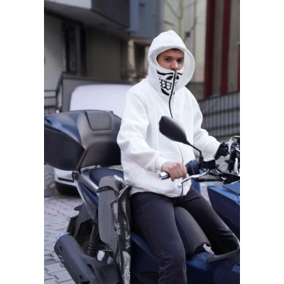 Samuray Kapşonlu ZIP Fermuarlı Çift Kapşonlu Nakışlı SweatShirt- Beyaz Samuray Kapşonlu ZIP Fermuarlı Çift Kapşonlu Nakışlı SweatShirt- Beyaz