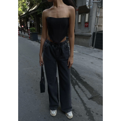 Arkadan Yırtmaçlı Jeans Kot Palazzo Pantolon - Siyah Arkadan Yırtmaçlı Jeans Kot Palazzo Pantolon - Siyah