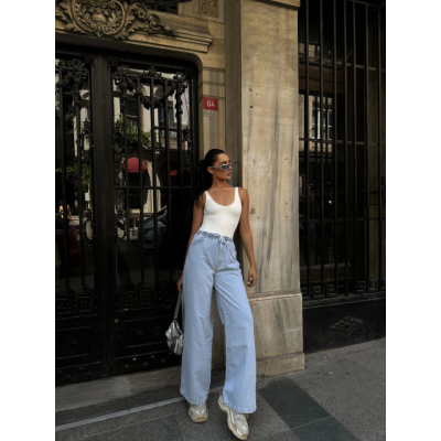 Arkadan Yırtmaçlı Jeans Kot Palazzo Pantolon - Mavi Arkadan Yırtmaçlı Jeans Kot Palazzo Pantolon - Mavi