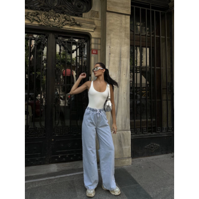 Arkadan Yırtmaçlı Jeans Kot Palazzo Pantolon - Mavi Arkadan Yırtmaçlı Jeans Kot Palazzo Pantolon - Mavi