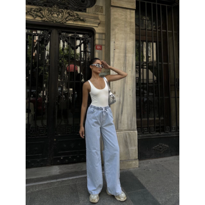Arkadan Yırtmaçlı Jeans Kot Palazzo Pantolon - Mavi Arkadan Yırtmaçlı Jeans Kot Palazzo Pantolon - Mavi