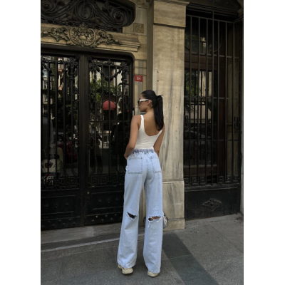 Arkadan Yırtmaçlı Jeans Kot Palazzo Pantolon - Mavi Arkadan Yırtmaçlı Jeans Kot Palazzo Pantolon - Mavi