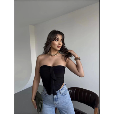 Sandy Asimetrik Büzgülü Straplez Bluz - Siyah Sandy Asimetrik Büzgülü Straplez Bluz - Siyah
