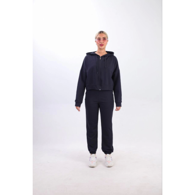 Iki Iplik Kapüşonlu Fermuarlı Crop Oversize Hırka Takım- Lacivert Iki Iplik Kapüşonlu Fermuarlı Crop Oversize Hırka Takım- Lacivert