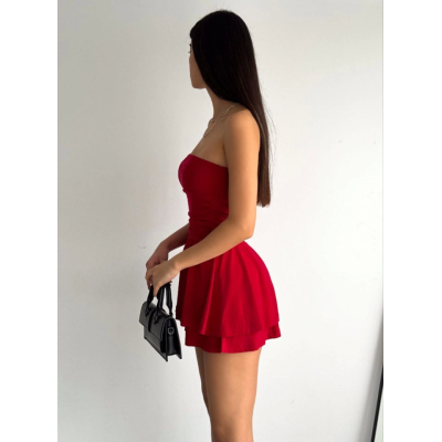 Straplez Sandy Kumaş Şortlu Prenses Etek Mini Kloş Elbise - Kırmızı Straplez Sandy Kumaş Şortlu Prenses Etek Mini Kloş Elbise - Kırmızı