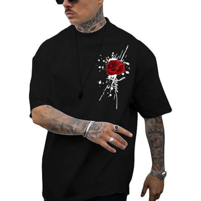 Erkek Bisiklet Yaka Kısa Kol Baskılı T-shirt - Siyah