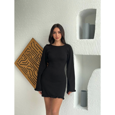 Sırt Pencereli Mini Triko Elbise - Siyah Sırt Pencereli Mini Triko Elbise - Siyah