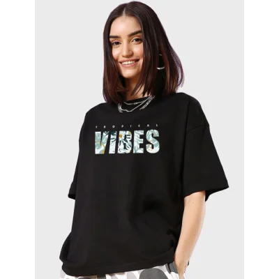 Baskılı Oversize T-shirt - Siyah