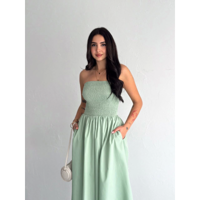 Straplez Pileli Elbise - Su Yeşili Straplez Pileli Elbise - Su Yeşili