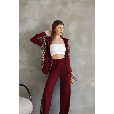 Osy Modal Yumuşak Dokulu Kumaş Kapüşonlu Leopar Desenli Fermuarlı Takım - Bordo Osy Modal Yumuşak Dokulu Kumaş Kapüşonlu Leopar Desenli Fermuarlı Takım - Bordo