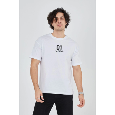 Erkek Bisiklet Yakalı Baskılı T-Shirt - Beyaz