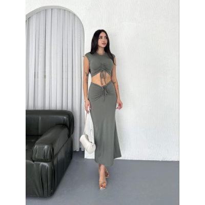 Osy Modal Yumuşak Dokulu Kumaş Büzgülü Crop Etek Takım - Mint Yeşili Osy Modal Yumuşak Dokulu Kumaş Büzgülü Crop Etek Takım - Mint Yeşili