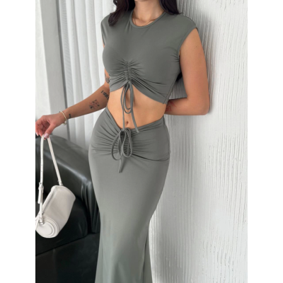 Osy Modal Yumuşak Dokulu Kumaş Büzgülü Crop Etek Takım - Mint Yeşili Osy Modal Yumuşak Dokulu Kumaş Büzgülü Crop Etek Takım - Mint Yeşili
