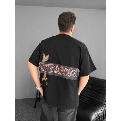 Ön Ve Arka Baskılı Oversize Bisiklet Yaka T-shirt - Siyah