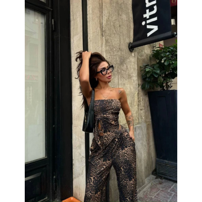 Leopar Desenli önden Bağlamalı Bluz Pantolon İkili Takım -Leopar Leopar Desenli önden Bağlamalı Bluz Pantolon İkili Takım -Leopar