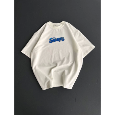 Ön Ve Arka Baskılı Oversize Bisiklet Yaka T-shirt- Beyaz