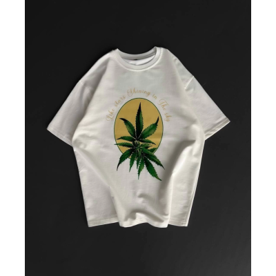 Ön Ve Arka Baskılı Oversize Bisiklet Yaka T-shirt- Beyaz