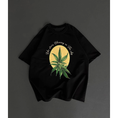 Ön Ve Arka Baskılı Oversize Bisiklet Yaka T-shirt- Siyah