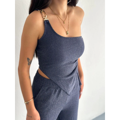 Asimetrik Crop Pantalon Ikili Takım - Lacivert Asimetrik Crop Pantalon Ikili Takım - Lacivert