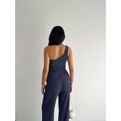 Asimetrik Crop Pantalon Ikili Takım - Lacivert Asimetrik Crop Pantalon Ikili Takım - Lacivert
