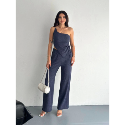 Asimetrik Crop Pantalon Ikili Takım - Lacivert Asimetrik Crop Pantalon Ikili Takım - Lacivert