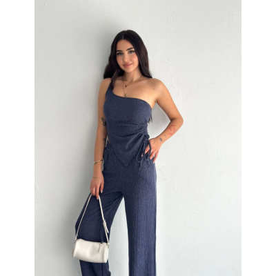 Asimetrik Crop Pantalon Ikili Takım - Lacivert Asimetrik Crop Pantalon Ikili Takım - Lacivert
