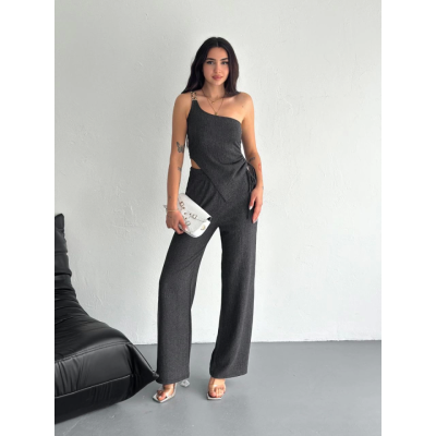 Asimetrik Crop Pantalon Ikili Takım - Füme Asimetrik Crop Pantalon Ikili Takım - Füme