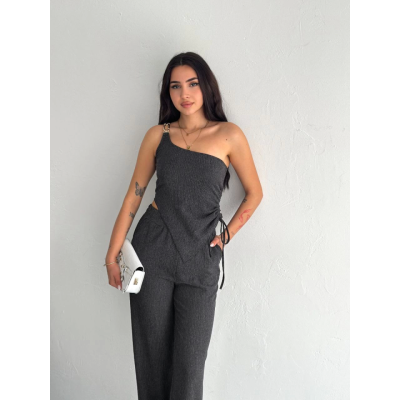 Asimetrik Crop Pantalon Ikili Takım - Füme Asimetrik Crop Pantalon Ikili Takım - Füme